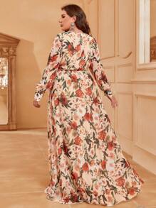 Plus Floral Print Belted Dress - Apricot - View 2