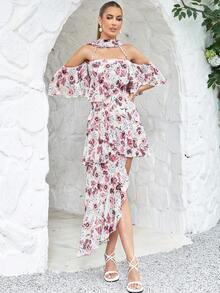 Floral Print Cold Shoulder Asymmetrical Hem Dress - Multicolor - View 6