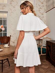 Simplee Double Breasted Butterfly Sleeve Ruffle Hem Dress - White - View 2