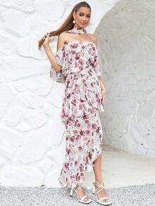 Floral Print Cold Shoulder Asymmetrical Hem Dress - Multicolor - View 8