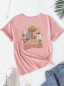 SHEIN 青少女休閒時尚蘑菇和字母印花垂肩短袖粉色T恤，春季/夏季 - 藕粉色 - 查看 3