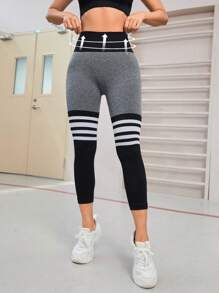 Striped Print Wide Waistband Sports Leggings - Black - View 5