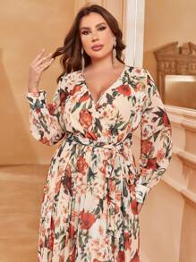 Plus Floral Print Belted Dress - Apricot - View 3