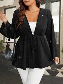 SHEIN BAE Plus Knot Front Coat - Black - View 1