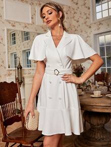 Simplee Double Breasted Butterfly Sleeve Ruffle Hem Dress - White - View 4