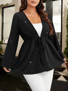 SHEIN BAE Plus Knot Front Coat - Black - View 4