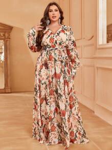 Plus Floral Print Belted Dress - Apricot - View 4