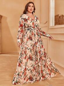 Plus Floral Print Belted Dress - Apricot - View 6