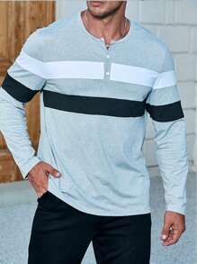 Manfinity Homme Nam Plus Khối màu Cổ có Lỗ hổng Áo thun - Xám - Xem 1