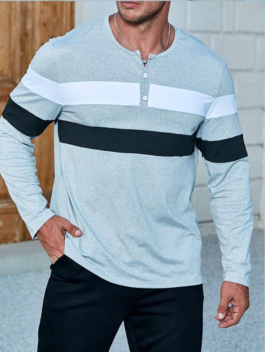 Manfinity Homme Nam Plus Khối màu Cổ có Lỗ hổng Áo thun - Xám - Xem 1