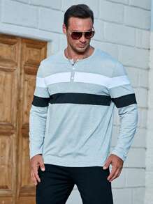 Manfinity Homme Nam Plus Khối màu Cổ có Lỗ hổng Áo thun - Xám - Xem 3