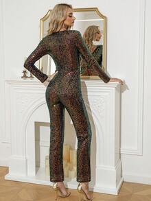 D&M Plunging Neck Sequin Jumpsuit - Multicolor - View 2