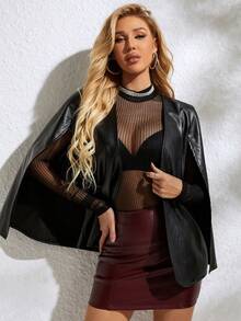 Cloak Sleeve PU Leather Patent Open Front Cape Jacket - Black - View 7