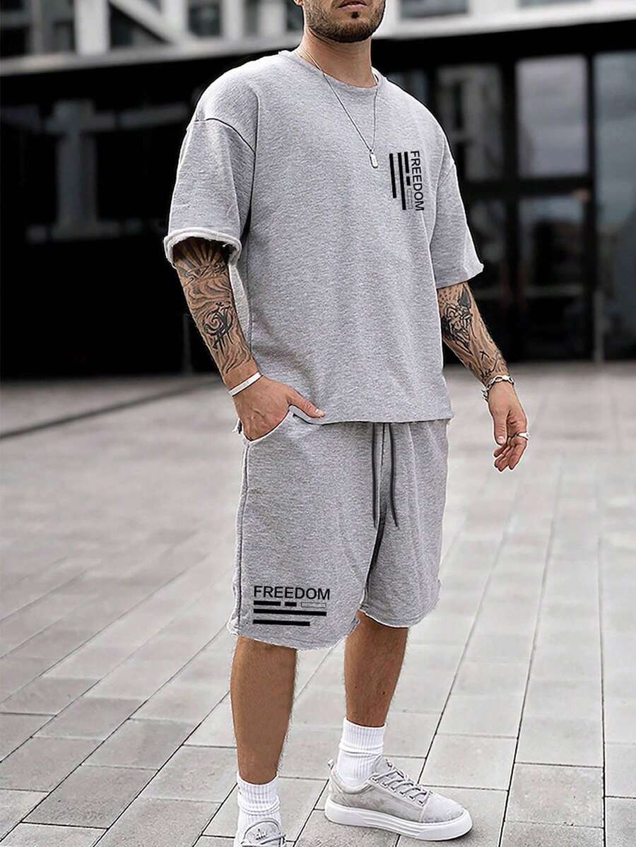 Manfinity Homme Men Letter Graphic Tee & Drawstring Waist Shorts - Grey - View 1