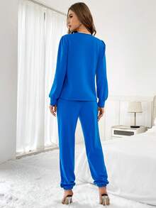 SHEIN Essnce 素色泡泡袖T恤和運動褲 - 寶藍色 - 查看 2