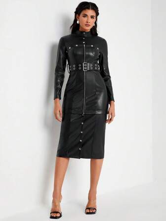 SHEIN X Danna Paola SIN7 Mock Neck Belted PU Leather Bodycon Dress