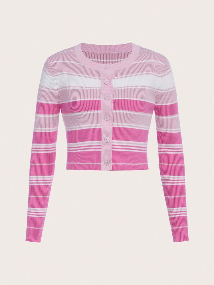 Teen Girl Striped Pattern Button Front Cardigan