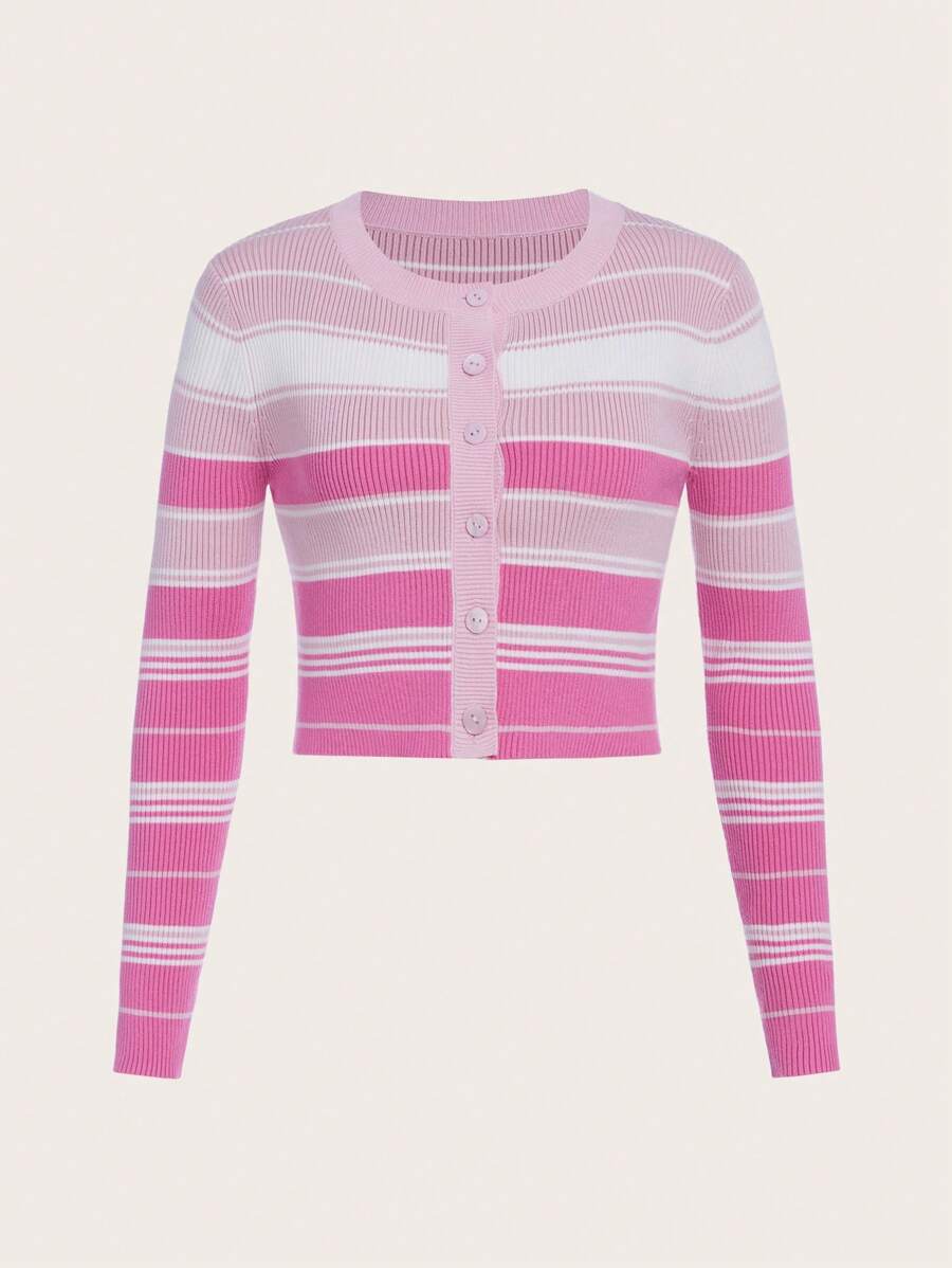 Teen Girl Striped Pattern Button Front Cardigan - Multicolor - View 1