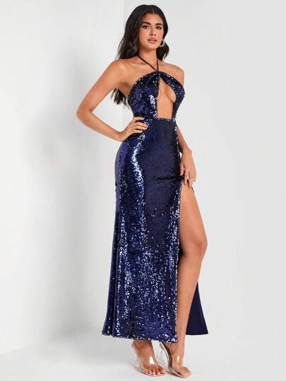 FURNANDA 设计师剪裁开叉大腿闪亮亮片吊带连衣裙，夏季优雅连衣裙，新年前夜服装，适合节日、派对