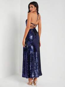 FURNANDA 设计师剪裁开叉大腿闪亮亮片吊带连衣裙，夏季优雅连衣裙，新年前夜服装，适合节日、派对 - 藏蓝色 - 查看 2