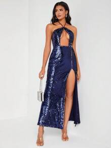 FURNANDA 设计师剪裁开叉大腿闪亮亮片吊带连衣裙，夏季优雅连衣裙，新年前夜服装，适合节日、派对 - 藏蓝色 - 查看 3