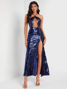 FURNANDA 设计师剪裁开叉大腿闪亮亮片吊带连衣裙，夏季优雅连衣裙，新年前夜服装，适合节日、派对 - 藏蓝色 - 查看 4