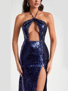 FURNANDA 设计师剪裁开叉大腿闪亮亮片吊带连衣裙，夏季优雅连衣裙，新年前夜服装，适合节日、派对 - 藏蓝色 - 查看 5