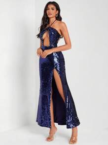 FURNANDA 设计师剪裁开叉大腿闪亮亮片吊带连衣裙，夏季优雅连衣裙，新年前夜服装，适合节日、派对 - 藏蓝色 - 查看 6