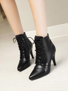 尖头高跟女式冬季踝靴2023款细跟短靴女式系带机车靴细踝靴 - 黑色 - 查看 1