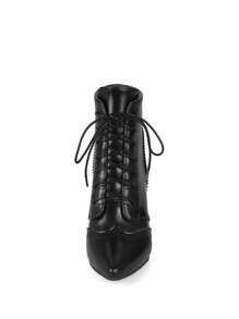 尖头高跟女式冬季踝靴2023款细跟短靴女式系带机车靴细踝靴 - 黑色 - 查看 3