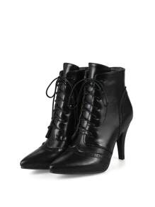 尖头高跟女式冬季踝靴2023款细跟短靴女式系带机车靴细踝靴 - 黑色 - 查看 6