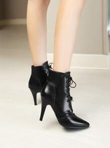 尖头高跟女式冬季踝靴2023款细跟短靴女式系带机车靴细踝靴 - 黑色 - 查看 8