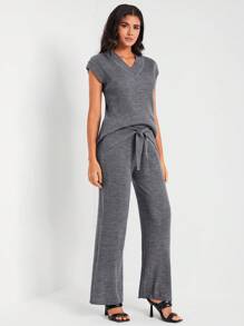 AMA 蝙蝠袖套頭毛衣&前繫帶針織長褲 - 灰色 - 查看 1