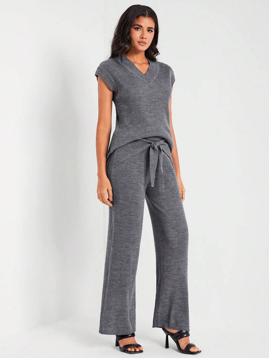 AMA 蝙蝠袖套頭毛衣&前繫帶針織長褲 - 灰色 - 查看 1