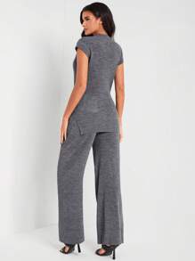 AMA 蝙蝠袖套頭毛衣&前繫帶針織長褲 - 灰色 - 查看 2