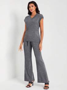 AMA 蝙蝠袖套頭毛衣&前繫帶針織長褲 - 灰色 - 查看 4