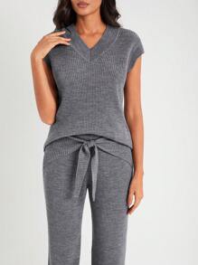 AMA 蝙蝠袖套頭毛衣&前繫帶針織長褲 - 灰色 - 查看 5