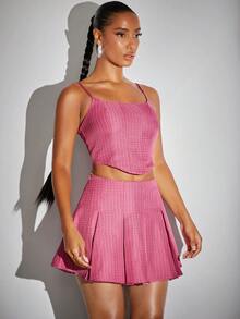 SHEIN BAE Chất rắn Cami ngọn & Chân Váy xếp ly - Hồng - Xem 4