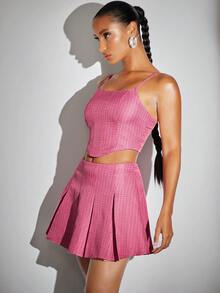 SHEIN BAE Chất rắn Cami ngọn & Chân Váy xếp ly - Hồng - Xem 6
