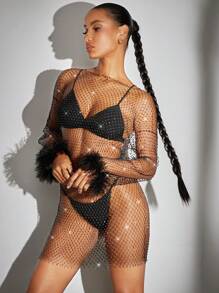 SHEIN BAE 毛茸茸袖口水鑽細節洋裝不附內衣 - 黑色 - 查看 6