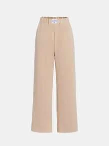 SHEIN Teen Girl Letter Patched Detail Slant Pocket Wide Leg Sweatpants - Khaki - View 1