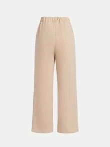 SHEIN Teen Girl Letter Patched Detail Slant Pocket Wide Leg Sweatpants - Khaki - View 2