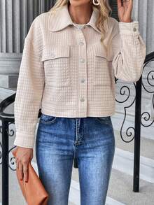 SHEIN LUNE 翻蓋口袋落肩袖前紐扣夾克 - 杏色 - 查看 3