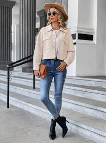 SHEIN LUNE 翻蓋口袋落肩袖前紐扣夾克 - 杏色 - 查看 1