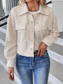 SHEIN LUNE 翻蓋口袋落肩袖前紐扣夾克 - 杏色 - 查看 4