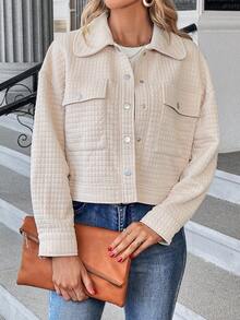 SHEIN LUNE 翻蓋口袋落肩袖前紐扣夾克 - 杏色 - 查看 2