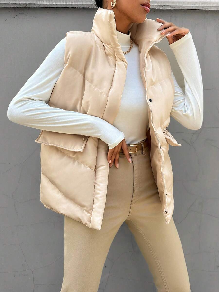 EURMUSE Flap Pocket Puffer Vest Coat - Beige - View 1