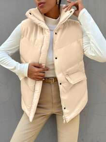 EURMUSE Flap Pocket Puffer Vest Coat - Beige - View 3