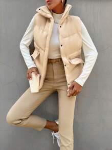 EURMUSE Flap Pocket Puffer Vest Coat - Beige - View 4