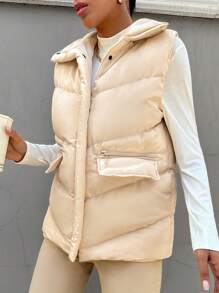EURMUSE Flap Pocket Puffer Vest Coat - Beige - View 5